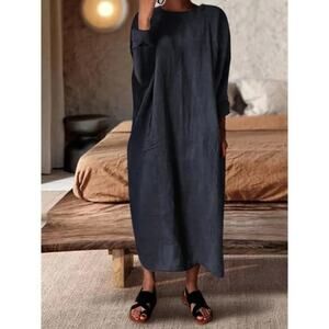 NEW Cozinen Linen Soft Cotton Kaftan 3/4 Sleeve Loose Casual Maxi Dress M Blue